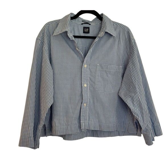 Gap oversized blue gingham cropped altered button down blouse large - Picture 1 of 8